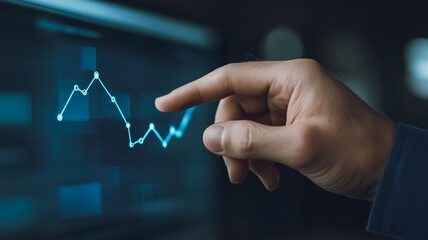 Poster - Analyzing Market Trends: A hand points to a fluctuating graph displayed on a computer screen.