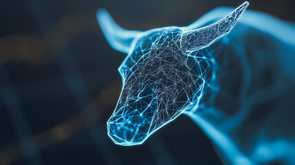 Poster - Digital Bull: A futuristic and abstract image of a bull, rendered in glowing blue lines and dots, evokes the power and potential of the stock market.  