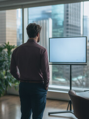 Poster - Businessman Presentation Preview: A contemplative businessman stands before a large blank screen, overlooking a cityscape from a modern office. The image suggests strategic planning, a presentation.