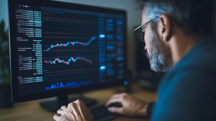 Poster - focused on success: a seasoned businessman analyzes charts and graphs on a computer screen, his focu
