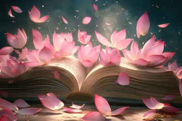 Aufkleber - An open book with pink flowers scattered around it