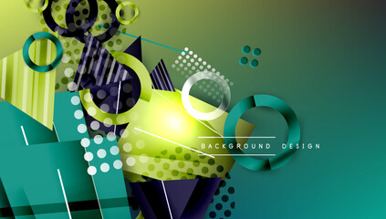 Poster - Abstract background - overlapping circles, rectangles, and triangles with vibrant gradients. Semi-transparent shapes create depth and balance