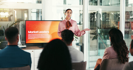Poster - Presentation, marketing conference and woman in office for tradeshow, convention and seminar. Public speaking, audience and person at business event for meeting, sales training and company workshop