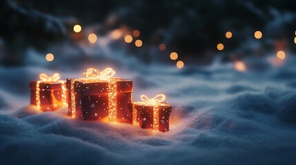 Poster - Illuminated Christmas Gift Boxes in Snow with Sparkling Lights