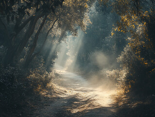 Wall Mural - misty forest path with dappled sunlight creating a peaceful mood