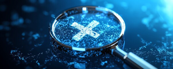 Leinwandbilder - Magnifying glass emphasizing approval check mark, crossedout icons, quality control in business project proposals, blue background with validation and rejection marks