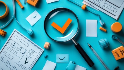 Leinwandbilder - Approval process concept with magnifying glass highlighting check mark, crossedout icons, quality control in business project proposal or document review, blue background