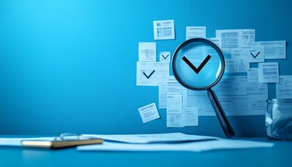 Leinwandbilder - Approval process concept with magnifying glass highlighting check mark, crossedout icons, quality control in business project proposal or document review, blue background
