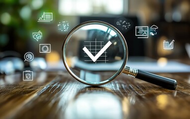 Poster - Business project proposal with magnifying glass emphasizing a check mark among crossedout icons, symbolizing quality control, approval, and document review process