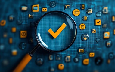 Poster - Business project proposal with magnifying glass emphasizing a check mark among crossedout icons, symbolizing quality control, approval, and document review process