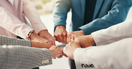 Aufkleber - Fist, huddle and team building with business people in office together for solidarity or unity. Collaboration, hands and power with employee group in workplace for growth, motivation or strength