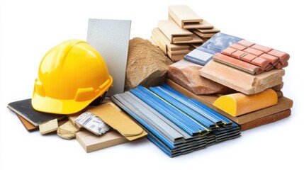 Wall Mural - Construction materials including tiles, wood, and tools arranged with a safety helmet for building projects