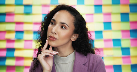 Poster - Business woman, creative and planning with thinking for problem solving, project ideas or agenda. Sticky note, female person and designer with thoughts for choice, solution or brainstorming in studio