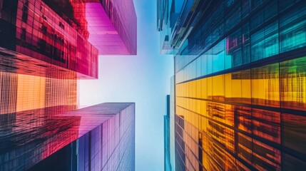 Aufkleber - A vibrant view of colorful skyscrapers reflecting sunlight, creating an artistic interplay of light and color in an urban environment.