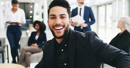 Poster - Happy, portrait and businessman with team in arrival for meeting, corporate travel or meeting together at airport. Face, man or traveler with smile for work trip or collaboration in waiting lounge