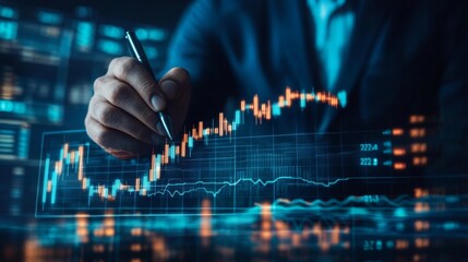 Fototapete - A person analyzes a digital financial chart using a stylus, showcasing data trends in an advanced technological environment.