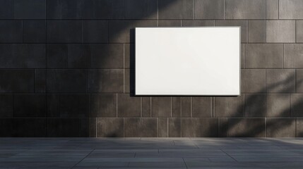 Poster - A blank white board mounted on a dark textured wall, illuminated by soft lighting, creating a minimalist and modern aesthetic.