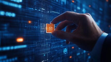 Poster - A hand interacts with a digital interface, tapping a glowing button amidst a backdrop of data streams and connections, symbolizing technology and innovation.