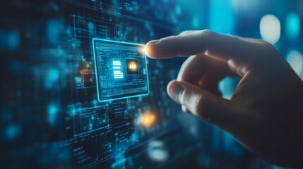 Poster - A hand interacts with a digital interface displaying data and technology elements, symbolizing innovation and connectivity.
