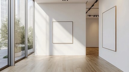 Poster - A spacious, modern art gallery featuring minimalistic design with empty frames and natural light illuminating the wooden floor.
