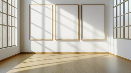 Aufkleber - A bright, empty gallery space featuring three unfilled frames and sunlight casting shadows on a wooden floor.