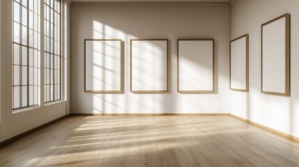 Poster - A bright, minimalist gallery space with several empty frames on the walls, illuminated by soft sunlight streaming through large windows.