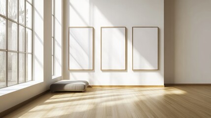 Aufkleber - A minimalist art gallery featuring three empty frames on a sunlit wall, with a wooden floor and a seating area.
