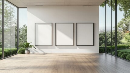 Aufkleber - A spacious, modern gallery featuring three blank frames against large windows, allowing natural light and showcasing a serene outdoor view.
