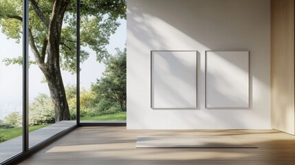 Poster - A minimalist interior space with large windows, showcasing natural light and a serene view of greenery.