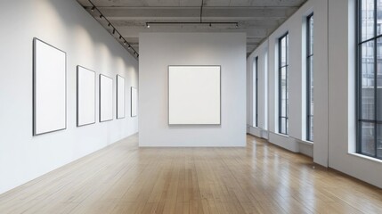 Poster - A minimalist art gallery featuring empty frames and a blank canvas, bathed in natural light from large windows.