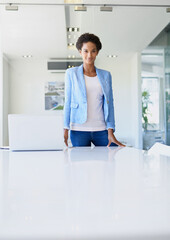 Aufkleber - Office, portrait and businesswoman with smile for laptop, copywriting research and confidence by table. Career, female person and journalist intern with pride for article, publication and news story