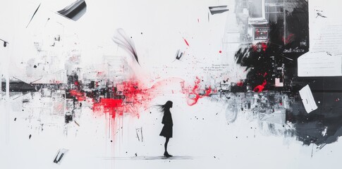 Wall Mural - Girl surrounded by urban graffiti in an abstract expressionist mural with dramatic colors and intricate details