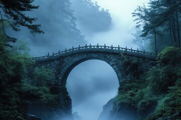 silhouette of a stone bridge spanning a misty ravine, with the soft light of dawn just beginning to 