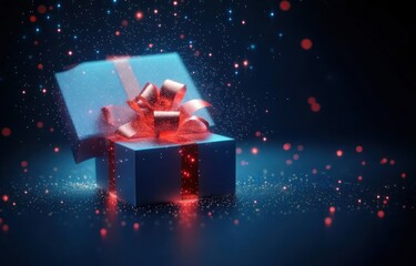 Aufkleber - Vibrant Open Gift Box with Magical Glow on Blue Background 3D Rendering