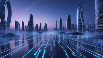 Poster -  Modern Big City Skyscrapers with a Futuristic Networking Symbol in Blue and Purple - Perfect for Technology  Vector illustration of urban architecture featuring a cityscape with neon light effects an