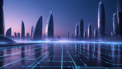 Poster -  Modern Big City Skyscrapers with a Futuristic Networking Symbol in Blue and Purple - Perfect for Technology  Vector illustration of urban architecture featuring a cityscape with neon light effects an