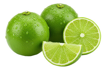 Poster - Whole fresh lime, a half lime, and a quarter slice with vibrant green color and dewy surface, isolated on white background