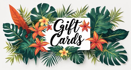 Wall Mural - gift cards lettering with tropical plants leaves and flowers design on plain white background