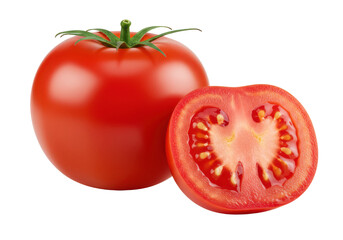 Poster - Whole fresh red tomato and a halved tomato showing juicy interior and seeds, isolated on white background