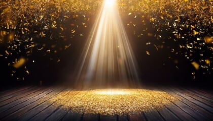 Wall Mural - golden light rays. golden confetti rain on festive stage with light beam in the middle, empty room at night .