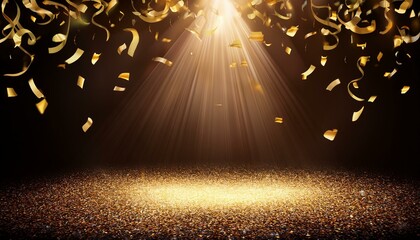 Wall Mural - golden light rays. golden confetti rain on festive stage with light beam in the middle, empty room at night .