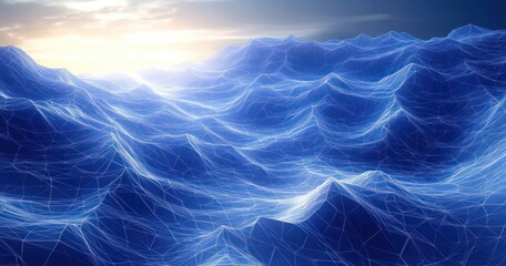 Poster - futuristic digital landscape with polygonal waves and ethereal light