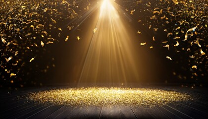 Wall Mural - golden light rays. golden confetti rain on festive stage with light beam in the middle, empty room at night .