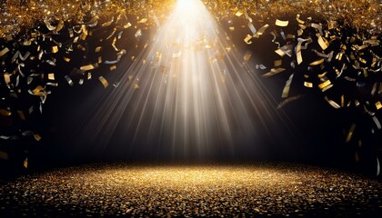 Wall Mural - golden light rays. golden confetti rain on festive stage with light beam in the middle, empty room at night .