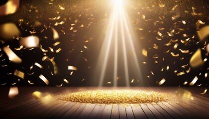 Wall Mural - golden light rays. golden confetti rain on festive stage with light beam in the middle, empty room at night .