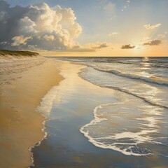 Wall Mural - Captivating beach scene at sunset with gentle waves, dramatic clouds, and golden reflections creating a serene coastal atmosphere.