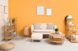 © Pixel-Shot - Modern living room interior with comfortable white sofa, shelving units and wooden coffee table