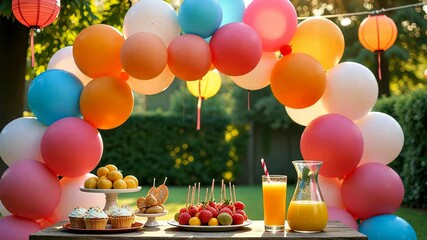 Aufkleber - A table with a bunch of balloons and a glass of orange juice. There are also cupcakes and fruit on the table