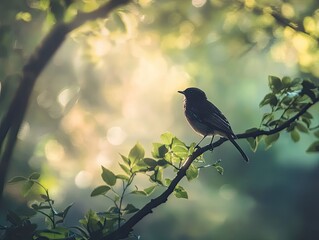 Wall Mural - a small bird perched on a tree branch with sunlit leaves in the background