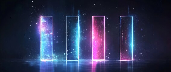 Poster - Neon light bars create a stunning abstract gradient background in blue, purple, and pink hues for modern design elements